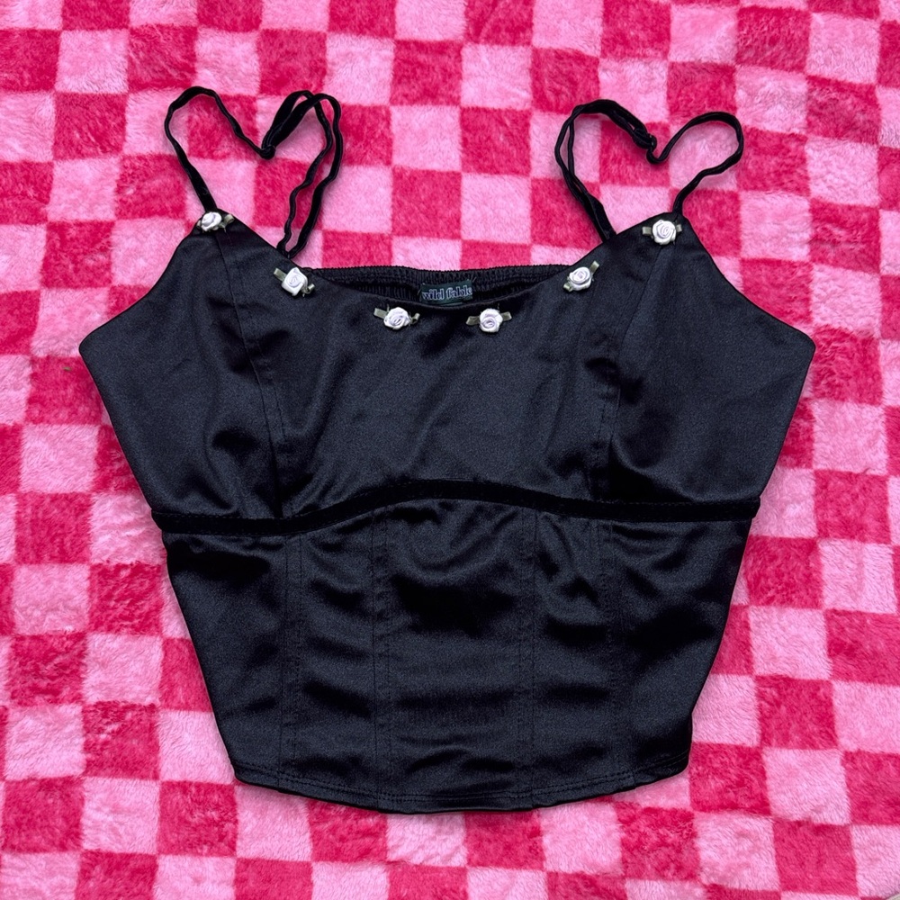 Wild Fable Black Camisole with Pink Micro Roses